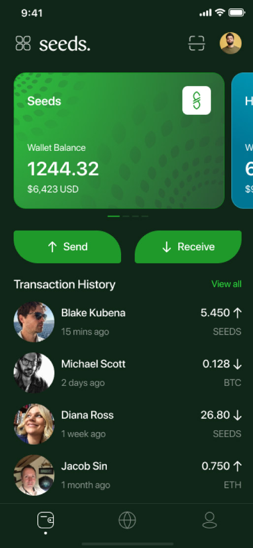 Light Wallet home screen showing a Seeds balance and account overview