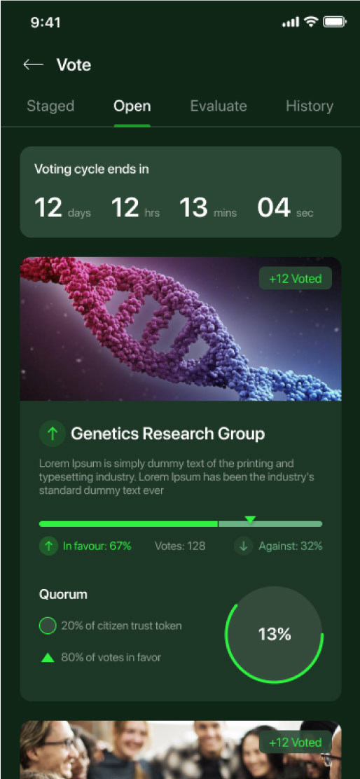 Light Wallet screen showing community proposals
