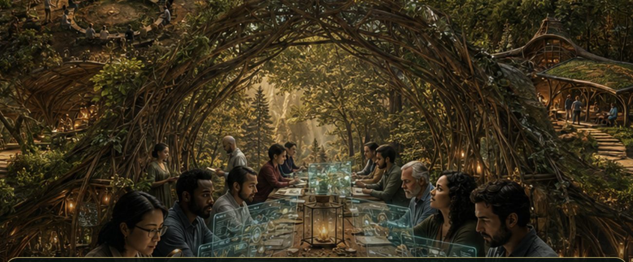 A working session beneath a woven living arch, looking out over the Columbia River Gorge