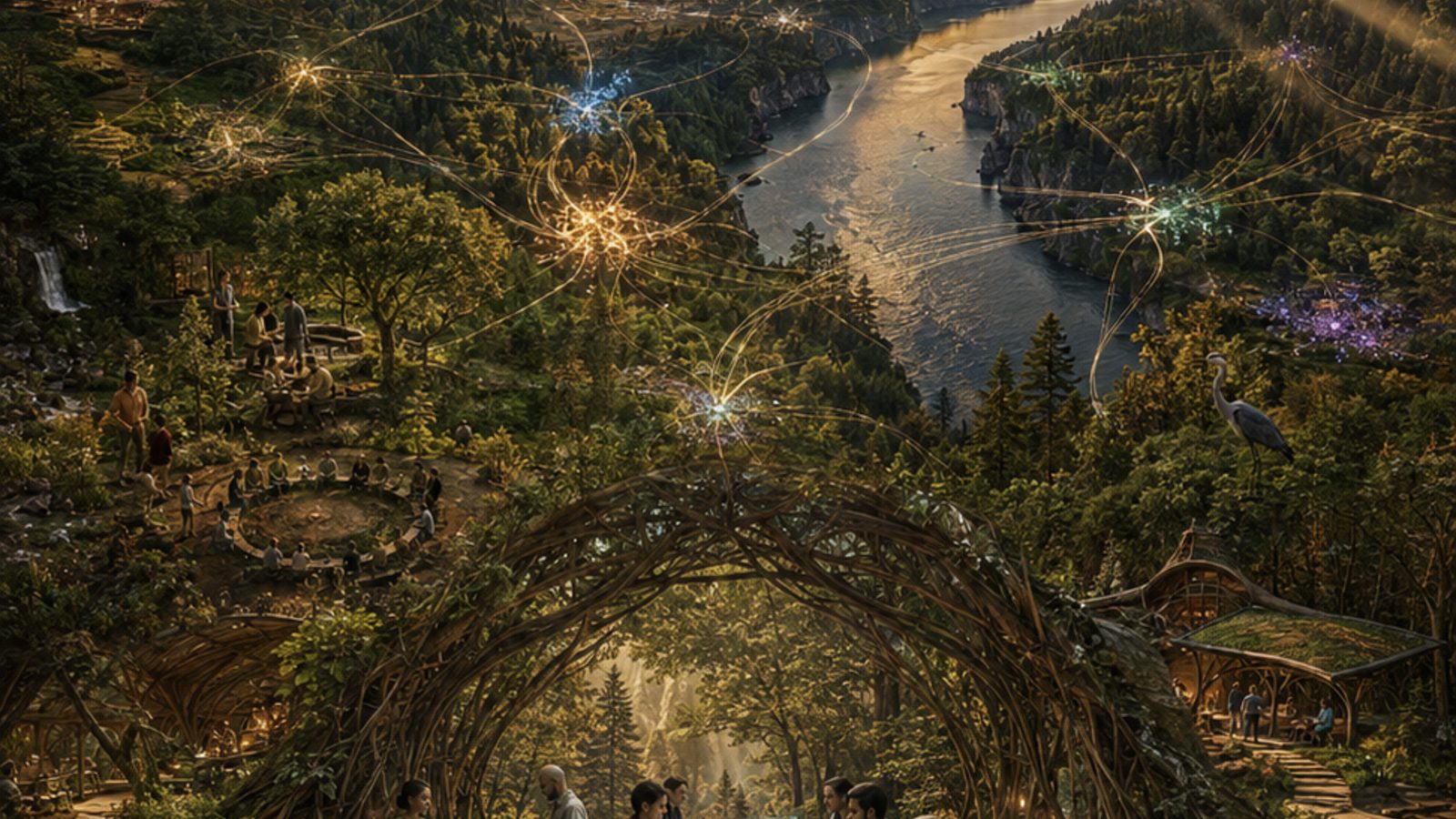 A river gorge at golden hour, threaded with a luminous network of light between settlements