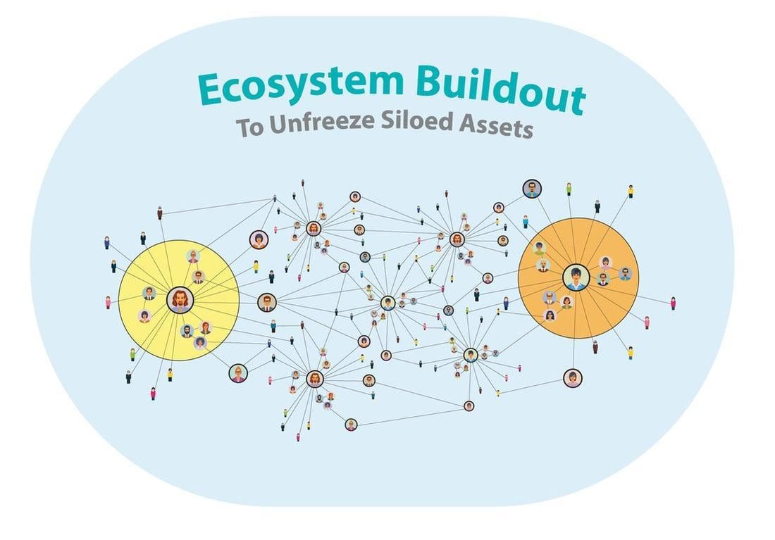 A diagram titled Ecosystem Buildout: To Unfreeze Siloed Assets, showing two hubs linked by a dense network of nodes