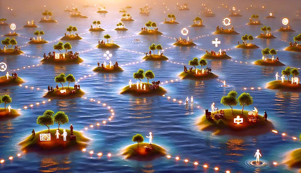 Small lit islands scattered across dark water, linked by strings of light