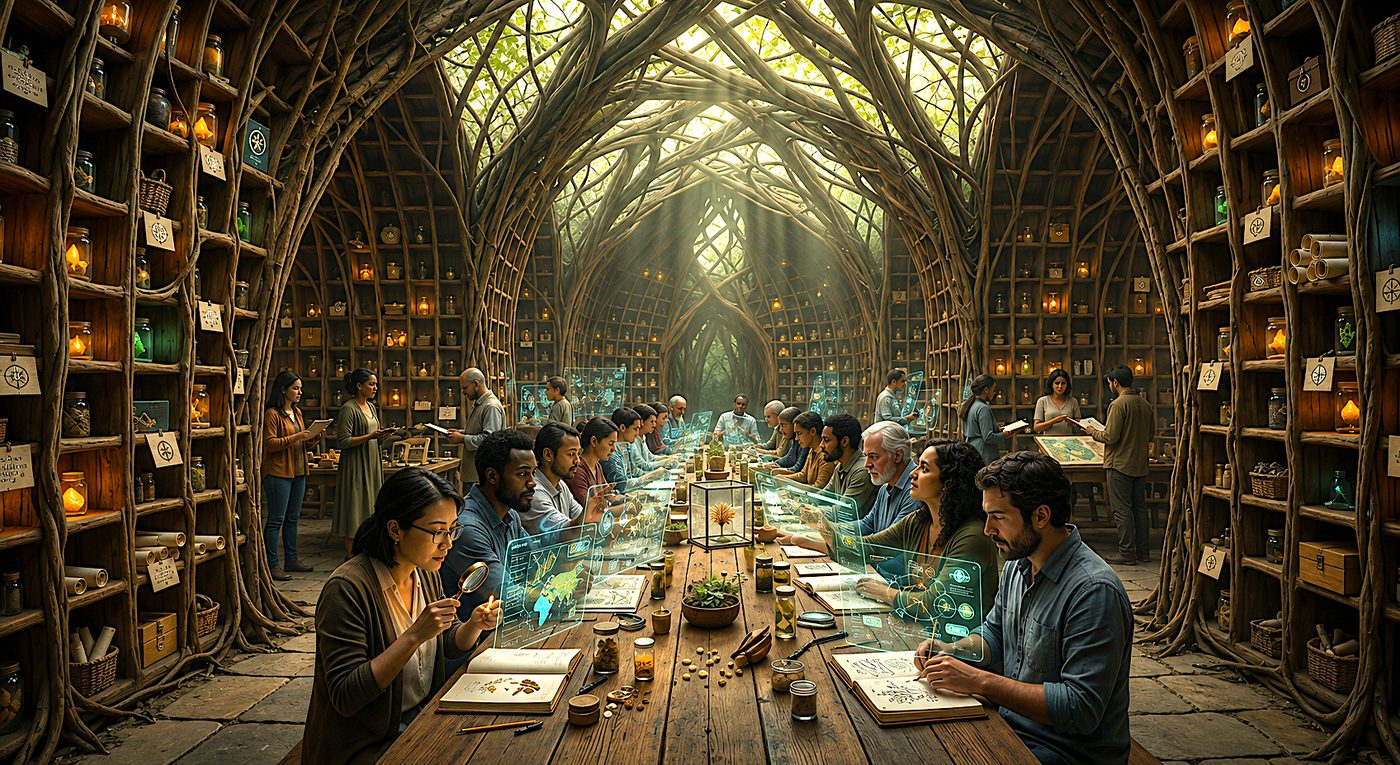 A long table of people working together beneath a vaulted library of woven branches